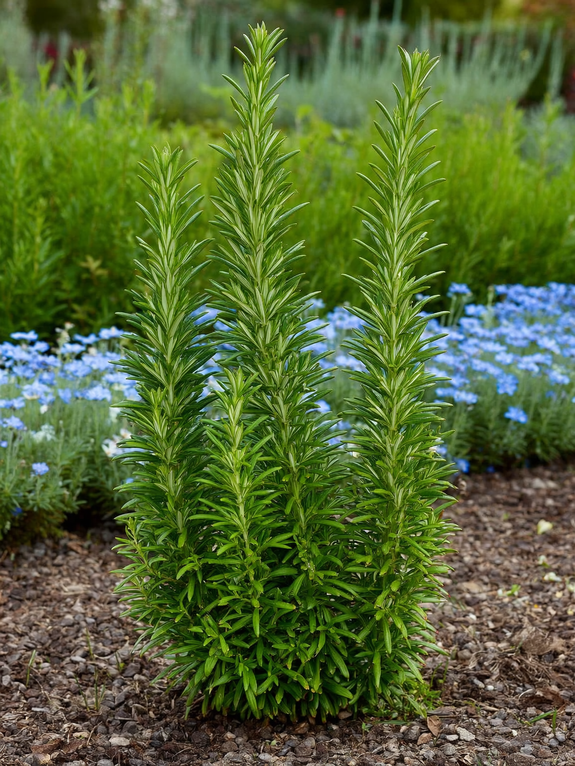 Romero rastrero en flor, jardín mediterráneo